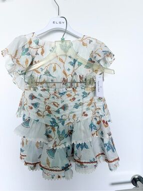 Poupette St. Barth Girls Floral Print Ruffle Set in Mint, Teal & Gold